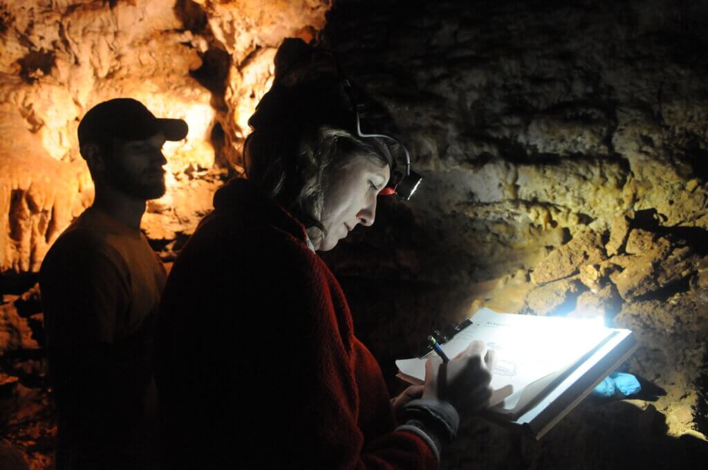 Two people explore the Kickapoo Caverns and take notes in a dimly lit area.