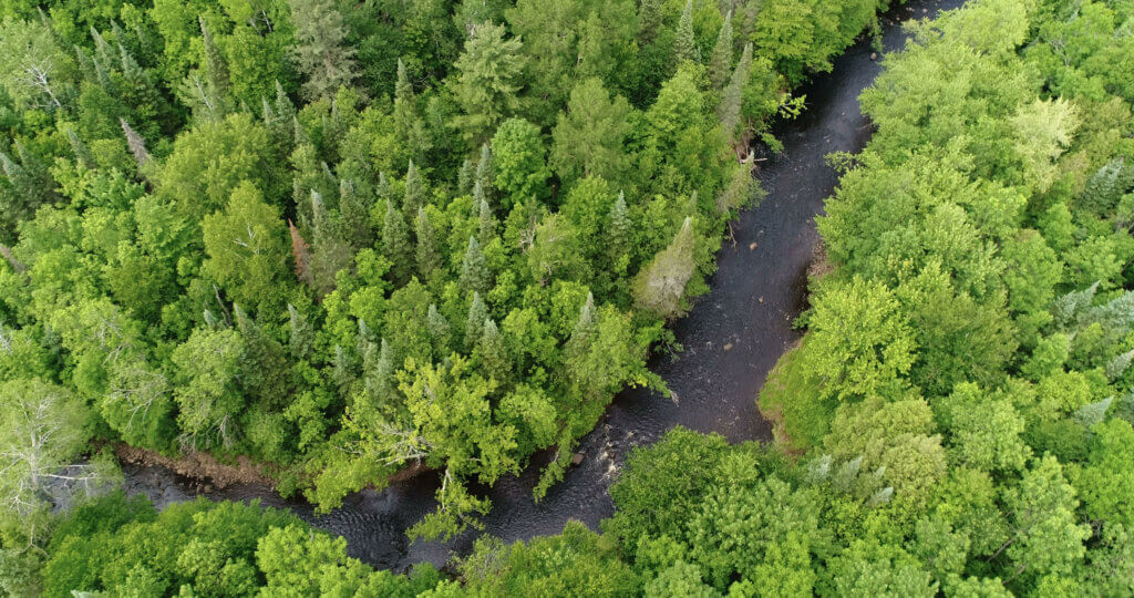 An aerial view of the Tyler Forks Community Forest, owned by Landmark Conservancy, and acquired with funds from Wisconsin's Knowles-Nelson Stewardship Program