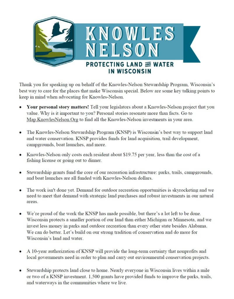 Knowles-Nelson Stewardship Program talking points document.