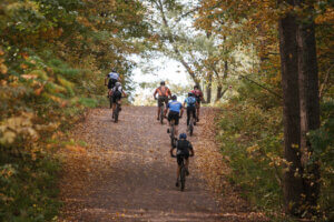 Several people on mountain bikes riding away from the camera up a wide path surrounded by trees.