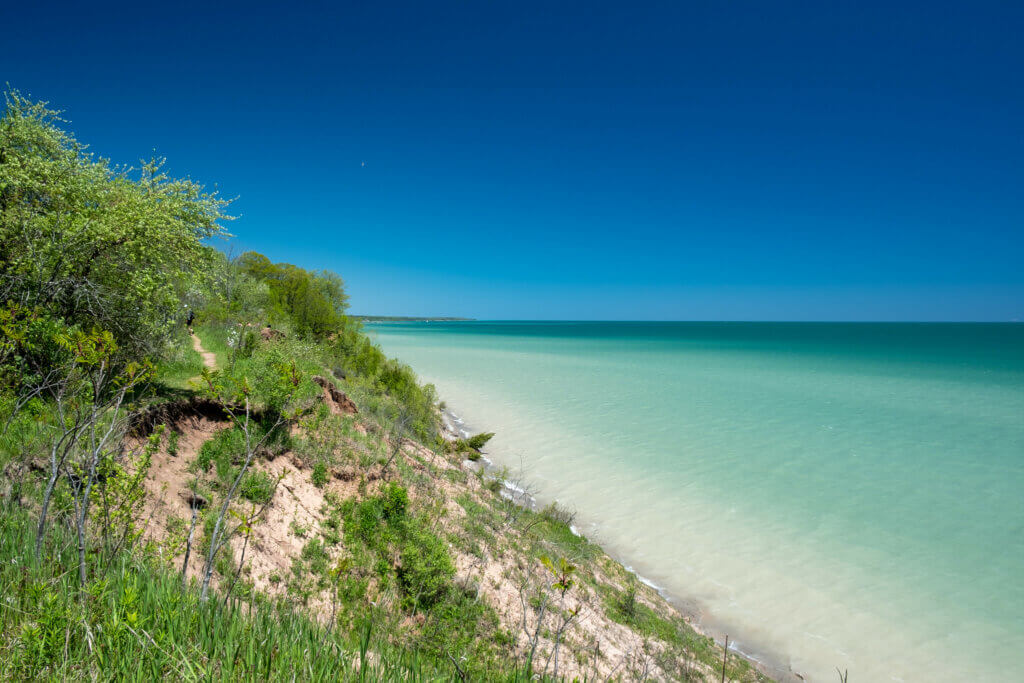 Knowles-Nelson Stewardship Program - Lion's Den Gorge, showing the hillside with scrubby grass and plants sloping down to the turquoise water of Lake Michigan on the right