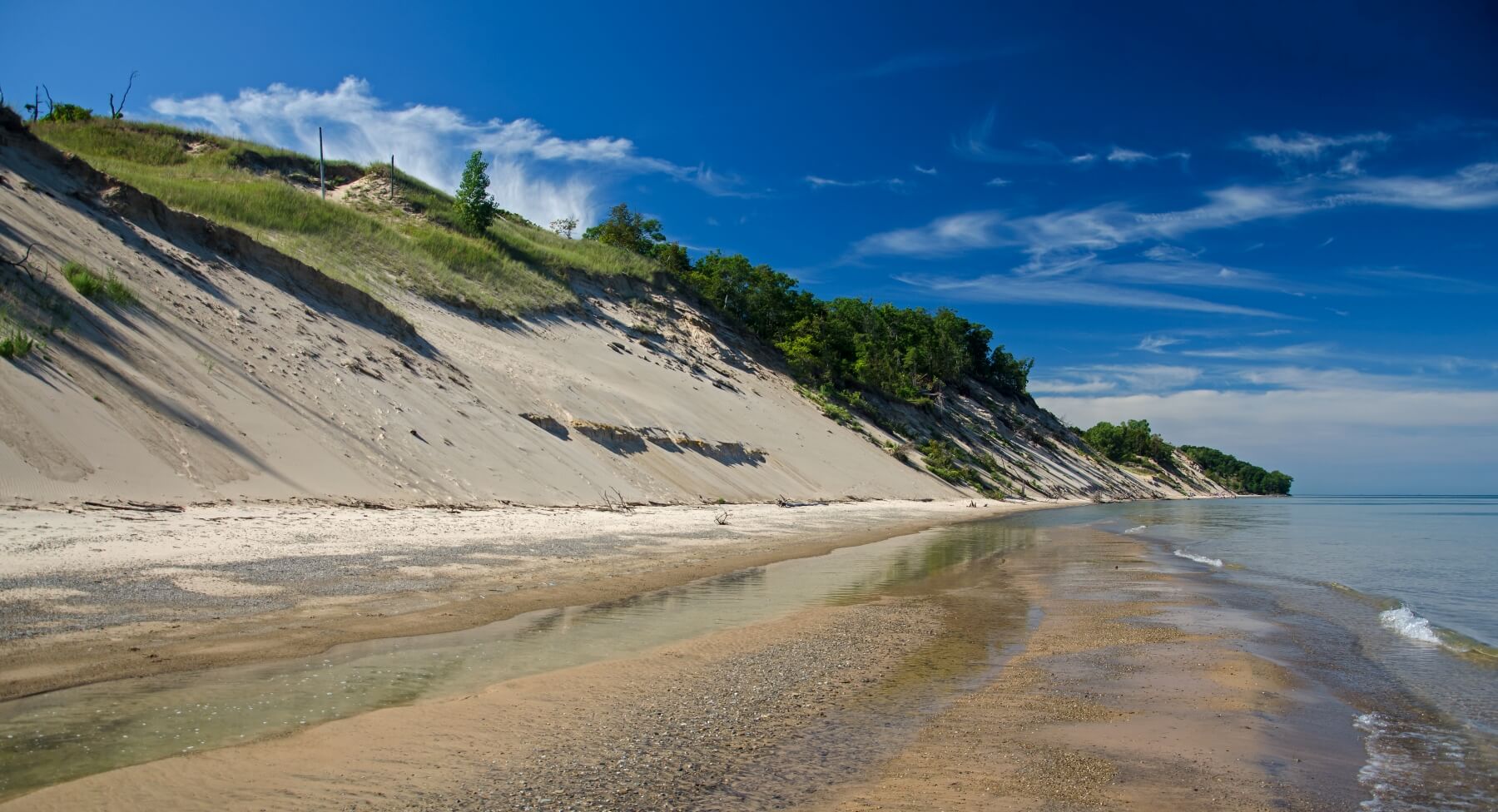 Sand dunes along Lake Michigan with a hilly dune rising to the left and covered in sand and green vegetation, running into the brown shallow water of the lake on the right.