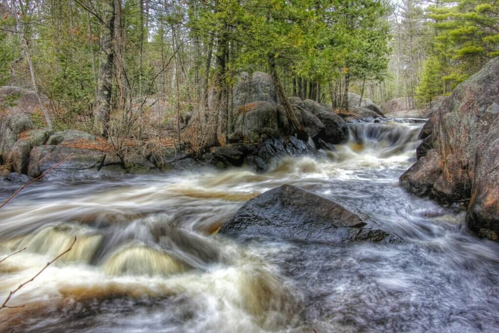 A river rapidly flowing over rocks and logs.