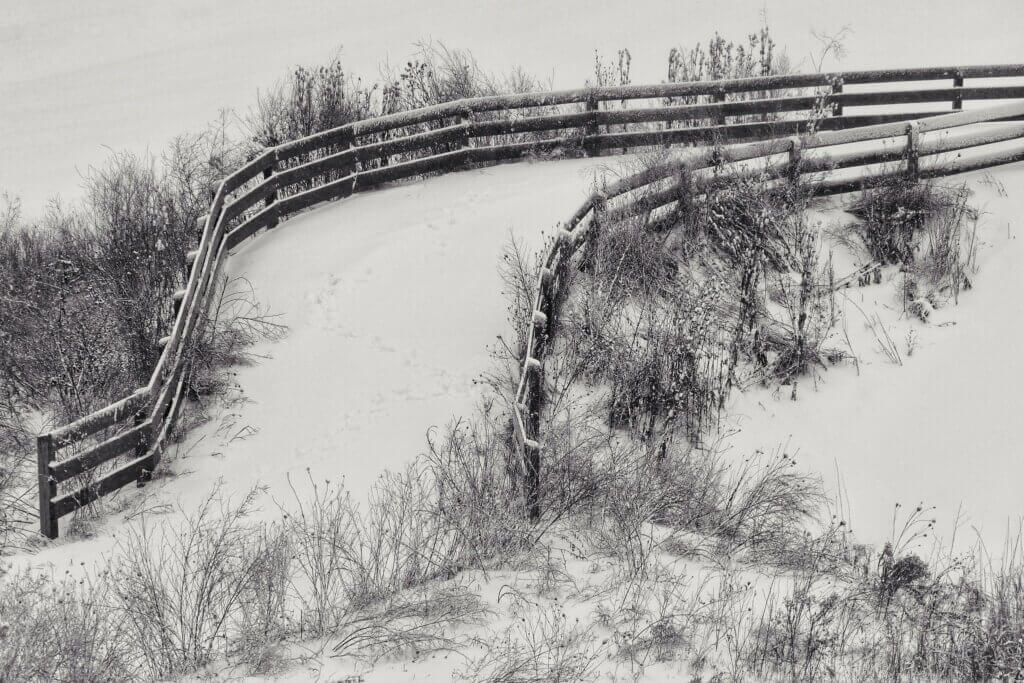 A snowy trail in winter winds over a boardwalk.