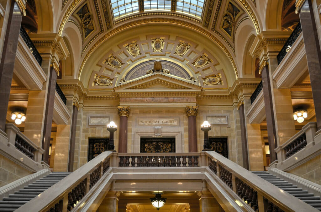 Looking up a stairwell to the entrance to Supreme Court room inside the Wisconsin state capitol.