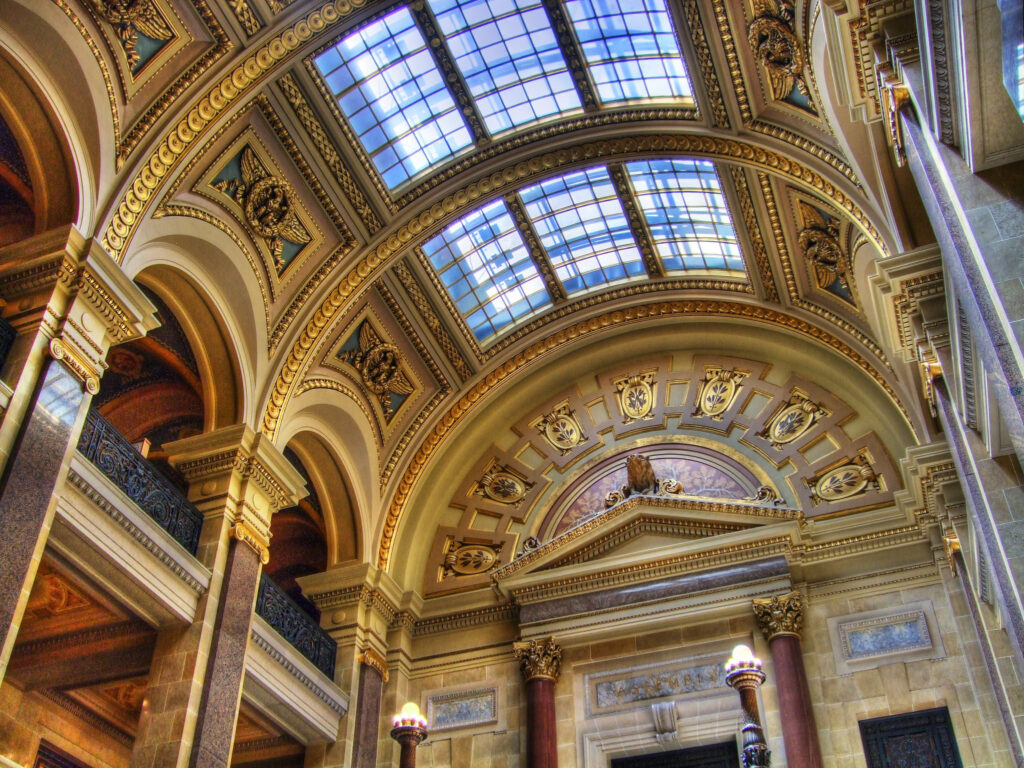 Interior shot of the ceiling of the Wisconsin Capitol Building rotunda.