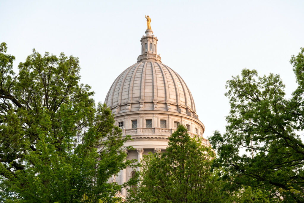 Wisconsin State Capitol building's domed roof behind peeks out from several green trees.