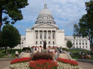 People gather outside the WI State Capitol