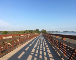 A bike & pedestrian boardwalk stretches over a river on a sunny day.