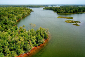 Aerial photo of a wide waterway lined with green vegetation and trees.