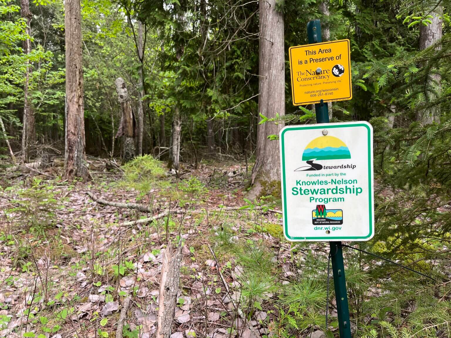 Sign in a wooded area showing that the land is a Nature Conservancy preserve and was funded in part by the Knowles-Nelson Stewardship Program.