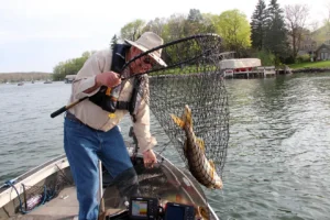 A man in a wide-brimmed hat and life vest hoists a large fish in a landing net over the side of a fishing boat, with a lake shoreline and docks visible in the background.