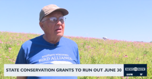An older man wearing a Southern Wisconsin Bird Alliance t-shirt and baseball cap speaks outdoors in front of a hillside blooming with pink coneflowers, with a News 3 Now chyron reading "State Conservation Grants to Run Out June 30."